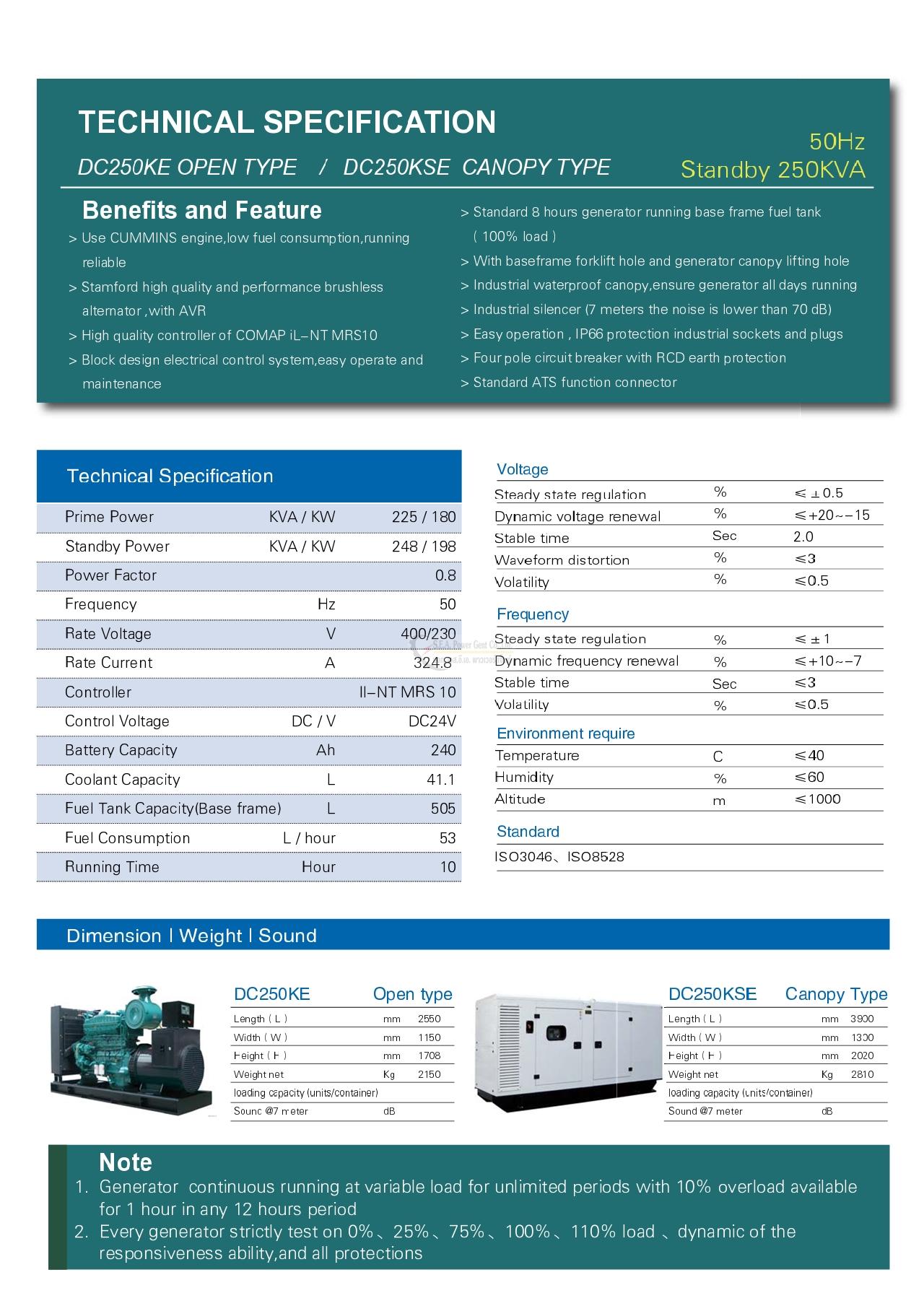 เครื่องปั่นไฟ Cummins 200kw DC250KE